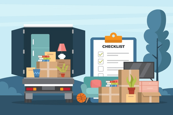 cartoon of moving boxes on a moving van and a checklist