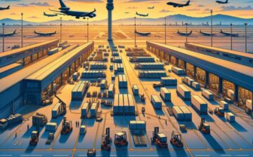 airport with airplanes and loading and unloading of containtes