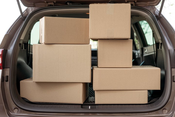 car packed with moving boxes