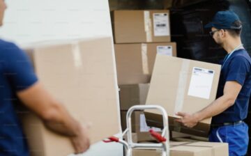 professionals loading moving boxes on truck