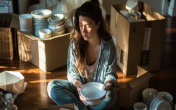 woman unpacking dishes in her new house