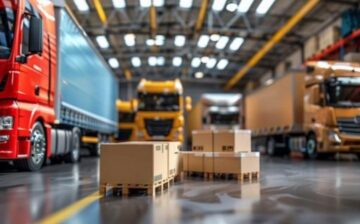 trucks and boxes in warehouse