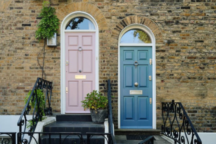 wooden doors painted pink and sky