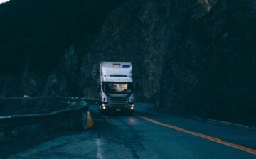 moving truck on wet road