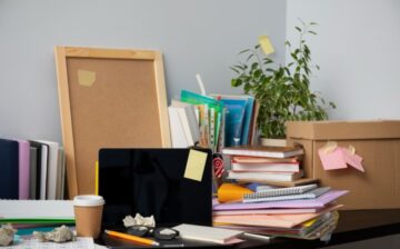 still life office desk mess