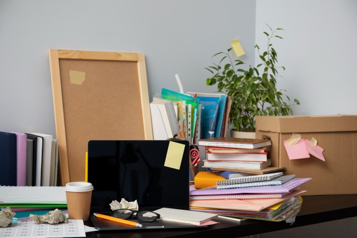 still life office desk mess