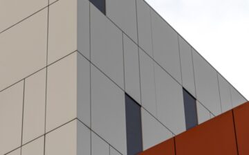 low angle view modern white orange building